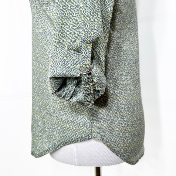 Anthropopogie Blue & Yellow Ikat Geometric Diamond Printed Roll Tab Sleeve Tunic - Picture 6 of 12